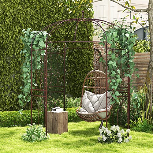 LDAILY Garden Arches Arbors Birdcage Shape, 8.4' H x 7' W Metal Pergola Pavilion with 16 Ground Stakes, French Arch Trellis for Wedding, Party & Outdoor Gardens Supports for Climbing Plants, Brown
