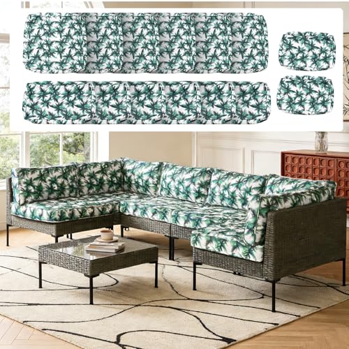 14Pcs Outdoor Cushion Covers Replacement Washable Waterproof UV w/Zipper for 6-Seaters Sofa Patio Slipcovers Set Seat and Back Covers Only (Palm Leaf, 23.6x23.6inch) - color: Palm Leaf, size: 23.6x23.6inch