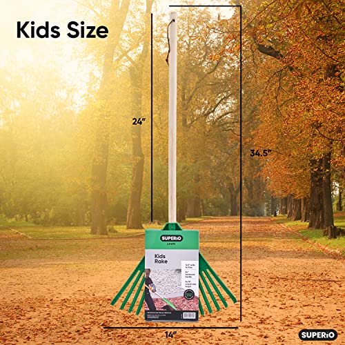 Superio Kids Leaf Rake, 34-Inch Gardening & Lawn Care Tool with Hardwood Handle and Durable Plastic Tines for Leaf Cleanup & Garden Maintenance, Green 1 Pack - color: Green