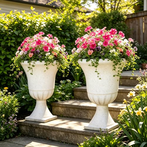 22" Tall Urn Planters Set of 2 Large Flower Pots, Indoor Outdoor Use - color: 22"h-white Terrazzo