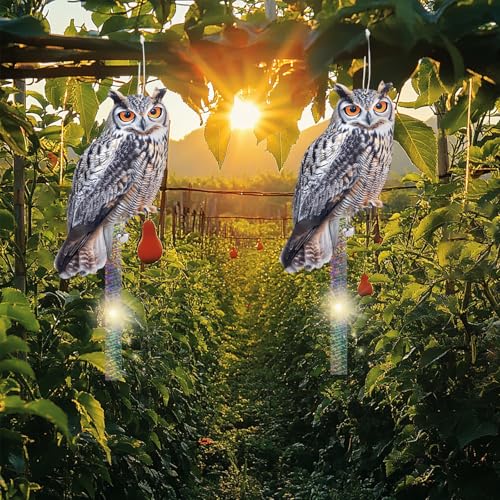 4PCS Garden Owl to Keep Pigeons Away from Porch, Flat Fake Owl to Scare Pigeon Away from Balcony, Hanging Plastic Owl, Woodpecker Scare Devices with Reflective Tape for Outdoor Patio Roof Yard - color: Grey-4PCS