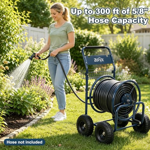 Zoryx 300ft Heavy Duty Garden Hose Reel Cart, Metal Water Hose Cart with 4 Wheels, Tangle-Free Portable Hose Reel, Anti-Leak Brass Fittings, Storage Basket for Outside Yard, Outdoor Planting Tool