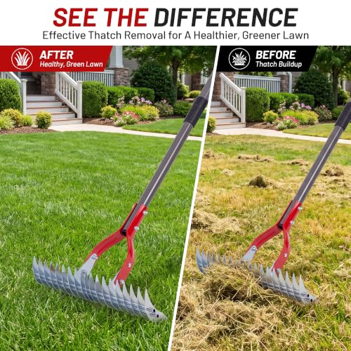 Suchtale Thatch Rake for Lawn, 15" Adjustable Manual Dethatcher Rake