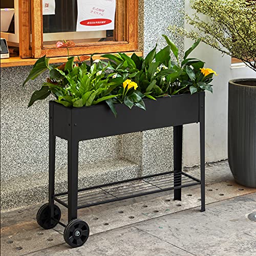 Piksedo Raised Garden Bed, Elevated Planter Metal Plant Box with Wheels with Legs Standing Garden Stand Drainage Holes Frosted Black - size: 40" L x 11" W x 31.5" H