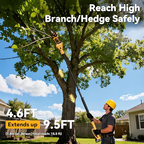 2-in-1 Electric Pole Saws for Tree Trimming, 6 Inch Mini Chainsaw Cordless with Extension Pole, 2 x 4000mAh Batteries,Battery Powered Pole Chain Saw, Tree Trimmer Limb Branch Cutter Pruner - color: Yellow