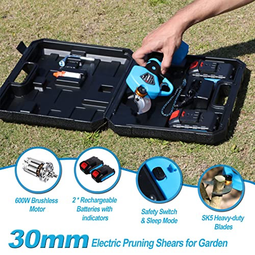 KOMOK Electric Pruning Shears, Cordless Electric Pruner Battery Operated Tree Branch Cutter with 2pcs 2Ah Lithium Batteries, 1.2 inch (30mm) Cutting Diameter 8-10 Working Hours - style: 30mm-Blue