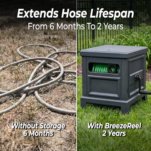 Garden Hose Reel Hideaway, Heavy Duty Metal Hose Reel Box Holds 125FT x 5/8" Hose, Steel Hose Storage Box with Manual Crank, Hose Guide and Leak-Proof Aluminum Connections, Stable 4-Leg Base - color: Dark Gray