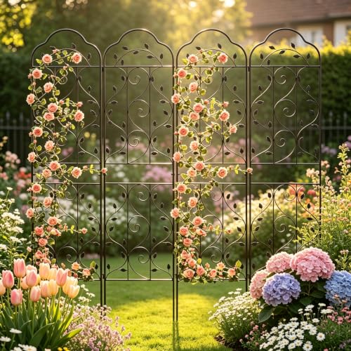 hogardeck 4 Packs 84 * 19 inch Metal Garden Trellis for Climbing Plants Outdoor,Heavy Duty,Black Coating Rustproof Trellis for Rose, Vegetable, Flowers, Expandable,Perfect for Training Climbing Plants - size: 84*19 in