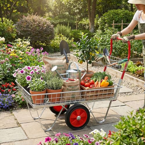 Heavy Duty Garden Utility Cart with Steel Frame & 11 Inch Rubber Wheels, Galvanized Rolling Garden Trolley Wagon for Plants Soil Tools Yard Patio & Outdoor Hauling, 330 lbs Capacity