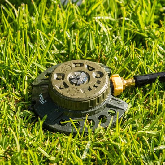 Vego Turret Pattern Sprinkler, 9-Pattern, Heavy-Duty Metal Base, Up to 1115 sq. ft Coverage