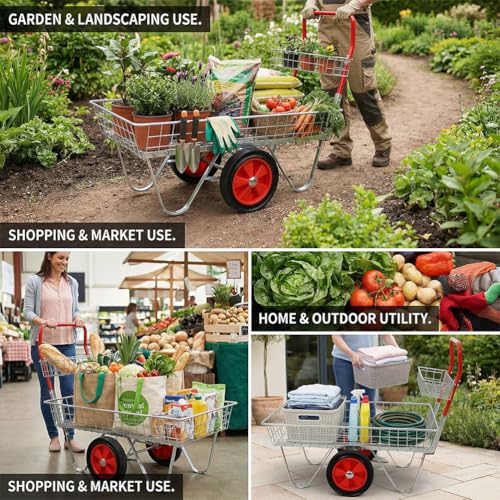Heavy Duty Garden Cart 330 lbs Steel Utility Wagon, Outdoor Garden Trolley with 11 Inch Wheels & Solid Rubber Tires, Durable Galvanized Steel Yard Cart for Plants, Tools, Patio, Lawn Use