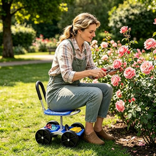 Rolling Garden Cart with 360° Swivel Seat, Garden Stool with Under-Seat Tray, 6” All-terrain Wheels, Height Adjustment, Use for Patio, Yard, and Outdoors, Gardening Gifts for Women, Parents, Seniors - color: Blue