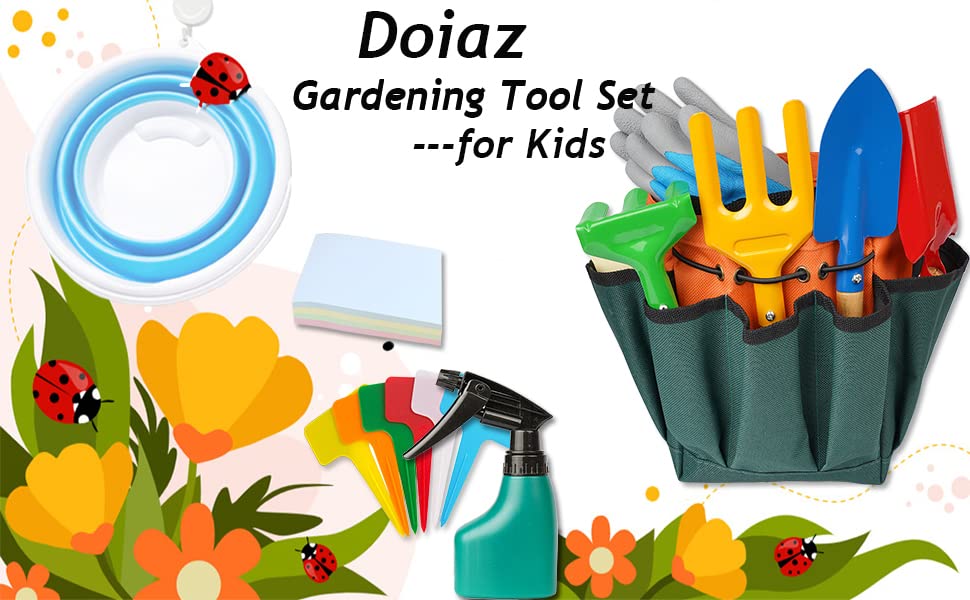 Kidz Gardening Set -Real Metal Gardening Tools Kit for Childrenz Includes Sturdy Shovel,Rake,Fork,Trowel,Kidz Garden Kit with Sun Hat,Apron,Gloves,Tote Bag,Sprayer and Bucket,Outdoor Gardening Gifts - style: Garden