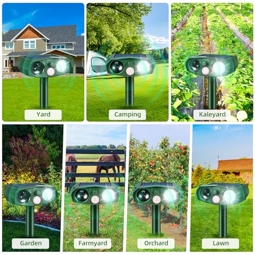 Solar Animal Repellent Outdoor, Ultrasonic Garden Deterrent with Motion Sensor for Cats Squirrels and Rodents, Waterproof Motion Activated Pest Defense Stake for Yard, 110° PIR Wide Angle