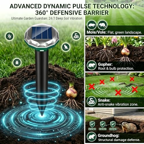 8 Pack Mole Repellent Solar Powered Gopher Repellent Ultrasonic Vole Repellent Outdoor Waterproof Spikes Repellent Rat Deterrent Groundhog,Chipmunk,Snake,Sonic Mole Stakes for Garden,Yard