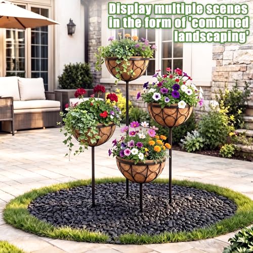 4 Pack 12 Inch Hanging Plant Baskets with Adjustable Stands, 22 - 46 Inch Adjustable Height Metal Flower Pots with Natural Coco Liners, Heavy Duty Wire Planters for Lawns, Patios and Wedding Decor