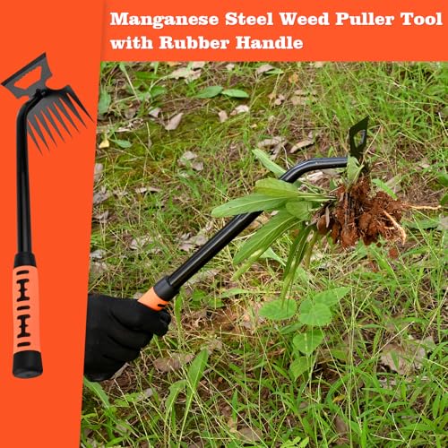 BokingOne Portable Weed Removal Tool - 8-Prong Manganese Steel with Black Baked Rust-Proof Coating for Garden Lawn Farm, Non-Slip Rubber Handle - color: Black Baked Rust silvery