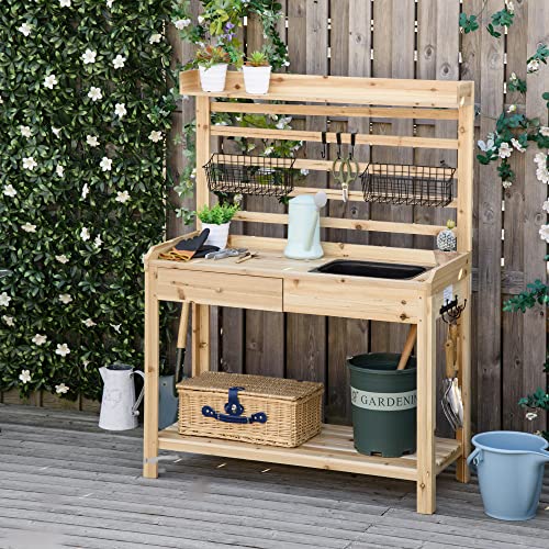 Potting Bench Table, Garden Work Bench, Workstation with Metal Sieve Screen, Removable Sink, Additional Hooks and Baskets for Patio, Courtyards, Balcony, Natural
