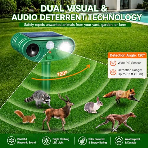 4 Pack Solar Ultrasonic Animal Repeller Outdoor, Cat Deterrent & Deer Repellent Device, Waterproof Squirrel Rabbit Control Deterrent with Motion Sensor & LED Waterproof Cat Deterrent for Garden Yard