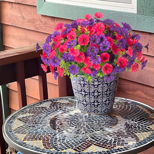 Hrobek Artificial Flowers for Outdoors Faux Petunias Plants UV Resistant - color: Hot Pink Dark Purple