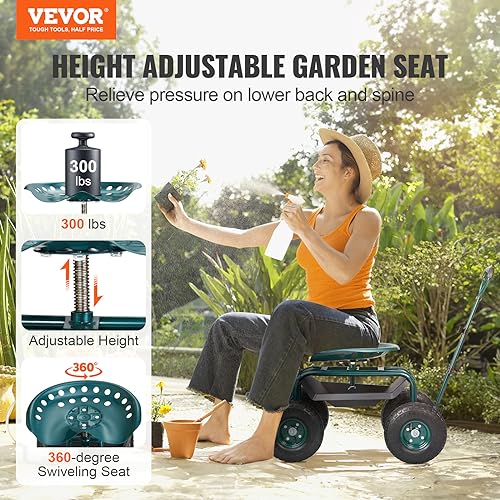 VEVOR Garden Cart Rolling Workseat with Wheels, Gardening Stool for Planting, 360 Degree Swivel Seat, Wagon Scooter with Steering Handle & Utility Tool Tray, Use for Patio, Yard, and Outdoors, Green - color: Green