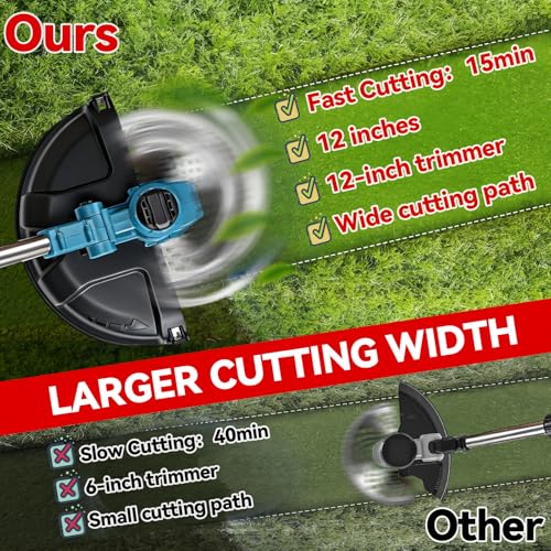 20000 RPM Electric Weed Wacker with Wheel,12″ Brushless Cordless Weed Eater Battery Powered, String Trimmer/Brush Cutter/Grass Trimmer/Lawn Mower, Edger Weed Trimmer for Garden Yard Tool