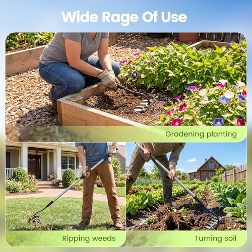 Iron Weeding Rake with Long Handle, Manual Weeder Tool for Garden