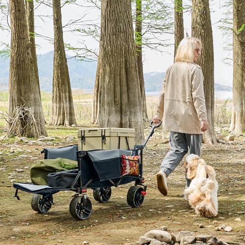 TIMBER RIDGE 47" L Collapsible Wagon with Tailgate & Brake, 300 lbs Heavy Duty Beach Wagon with All-Terrain Big Wheels, 250L Foldable Utility Cart for Sand Camping Sports Shopping, Grey - color: Gray