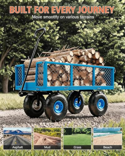 Steel Garden Cart - 500 lbs Heavy Duty Mesh Utility Wagon, Removable Sides, Flexible Handle, 10" Tires for Yard, Lawn, Outdoor Gardening - Blue (Pantone 2945C, HEX: #1E50B3) | 500 pounds | - color: Blue, size: 500 LBS