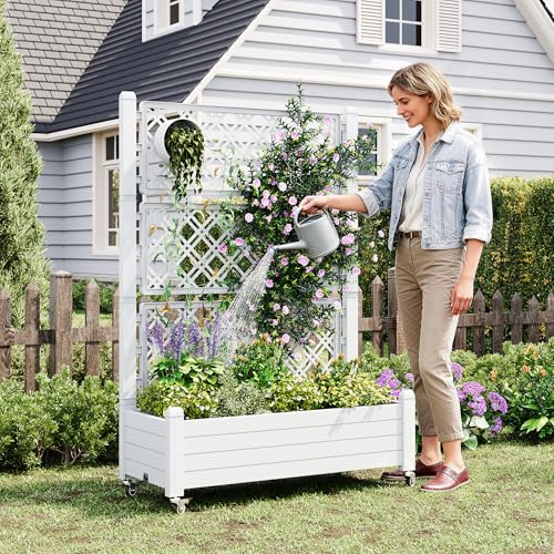 Resin Raised Garden Bed with Trellis and Wheels - Plasitc Planter Box with Trellis Outdoor with Drainage Holes & Water Monitor for Climbing Plants, Flower, Medium Ashen(61.2" H) - color: Medium Ashen, size: 61.2"h