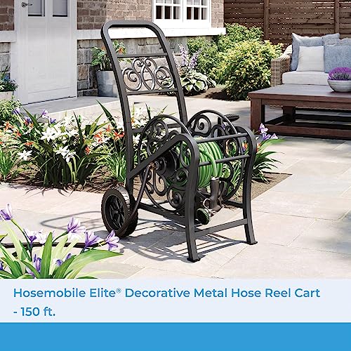Suncast Metal Decorative 150' Hose Cart with Flat-Free Wheels and Foot Caps, Stylish Garden Hose Reel Cart for 150' of Standard Vinyl Hose, Made in the USA - size: 150 Feet