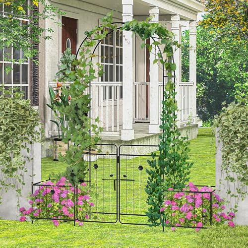 S AFSTAR 87-Inche Garden Arbor with Gate & Side Planter Box, Metal Garden Arch with Lockable Gate, Arched Top Arbour, Heavy-Duty Arched Trellis Archway for Climbing Plants Grape Vines Wedding Ceremony