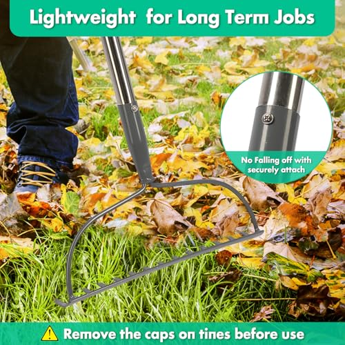 Garden Rake, 14 Metal Tines Heavy Duty Bow Rake with 5FT Adjustable Handle for Lawn, Landscape Cultivator Garden Rake for Loosening Soil Leveling Mulch Gathering Leaf