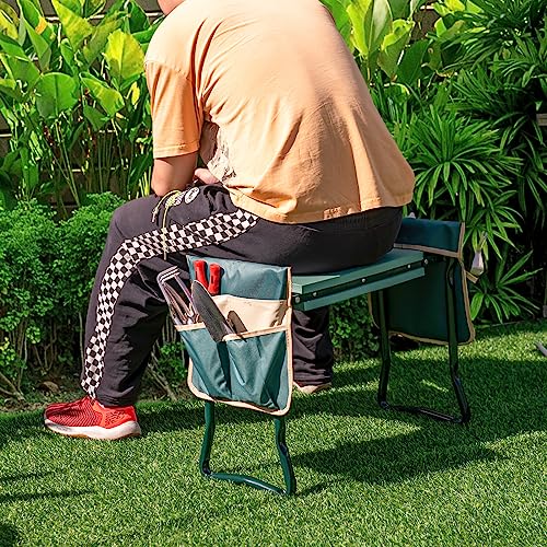 Goplus Garden Kneeler and Seat, Foldable Garden Bench for Kneeling & Sitting, Widened 8" EVA Soft Foam Pad, Heavy-Duty Garden Stool w/ 2 Large Tool Pouches, Gardening Gift for Women Men Seniors - color: Green, style: With 2 Bags