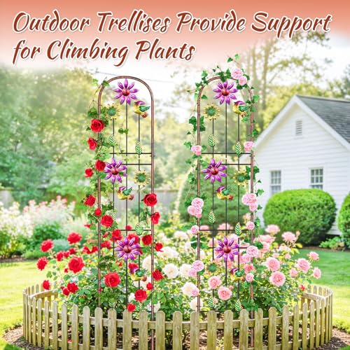 Metal GardenTrellis, Arched Fence Trellis Plant Support Trellises, Supporting Plants Outdoor Decoration for Climbing Plants Lawn Yard Patio Backyard Wall Brackets (Bird+Pink Flower) - style: Bird+Pink Flower