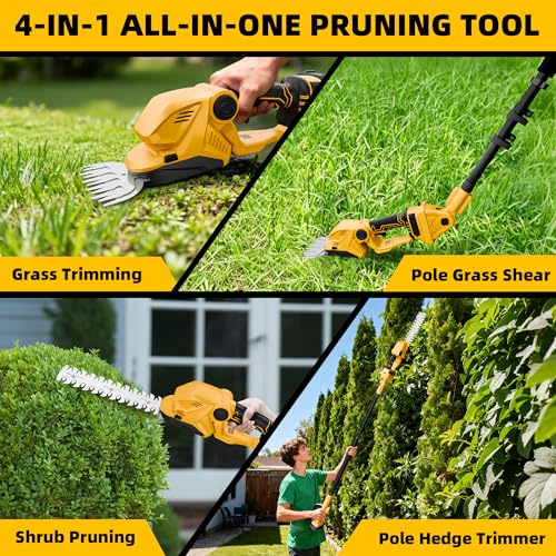 4-in-1 Pole Hedge Trimmer & Cordless Grass Shears,2×4.0 Ah Batteries & Included Charger,Dual Blade Design,Extension Tree Pruner,Bush Trimmer for Tree Trimming/Garden/Lawn - color: Yellow Black