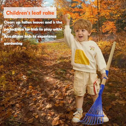 Kids Leaf Rake-Small Wooden Handle Leaf Rake with Metal Tines, 27inches /69cm Length, for Kids Enjoy Garden Cleaning Activities (Blue) - color: Blue
