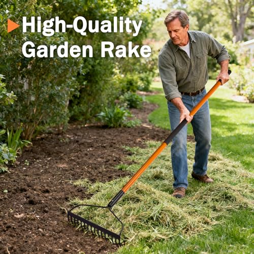 Nohovu Garden Rake - 14 Tine Heavy Duty Rake with 58 Inch Fiberglass Handle