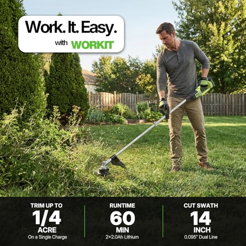 WORKIT 20V 14" Cordless String Trimmer - Brushless Motor Weed Wacker with 2×2.0Ah Batteries, 0.095" Dual Line Auto Feed, Lightweight Weed Eater for Lawn & Garden