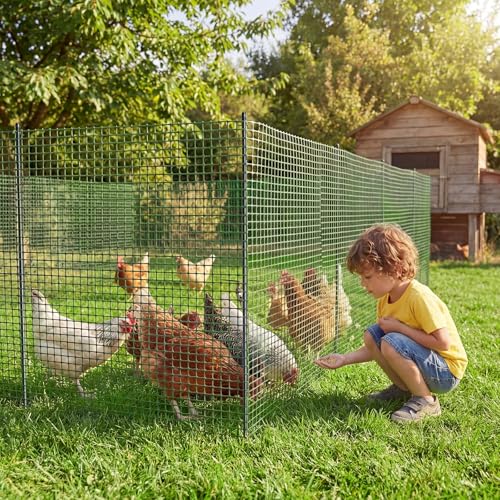 Plastic Chicken Wire Mesh Fence with Metal Stakes, 39.4in x 82ft - color: Green Grid