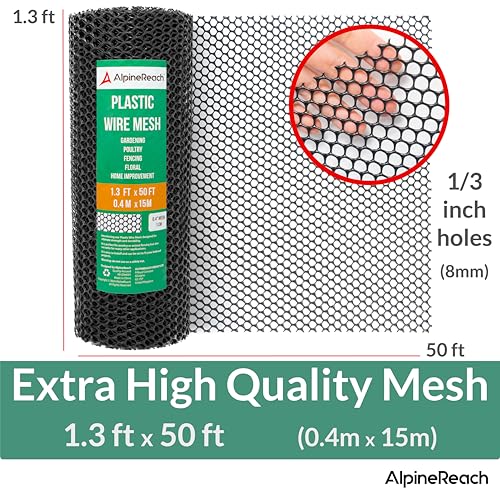 AlpineReach Plastic Chicken Wire Fencing Mesh 1.3ft x 50ft Roll with Zip Ties - Ideal for Poultry, Dogs, Rabbit Barrier & Gardening, Durable UV Resistant, Versatile Rigid Fence, Black (15.7" x 600") - size: 1.3ft x 50ft
