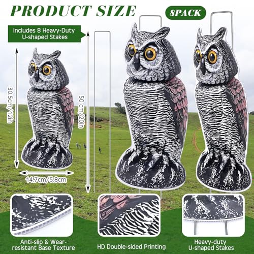 8 Pack Owl Decoys to Scare Birds Away, Fake Owls Scarecrow Yard Lawn Sign with Stakes Pest Repellent Bird Deterrents Waterproof Plastic Owls Decorations for Gardens Patio Outdoor(1 Pattern) - style: 1 Pattern