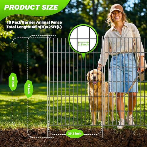 Toolterritary 10 Panels No Dig Garden Fence with Gate, 48in(H) x 26.0ft(L) Rustproof Metal Animal Barrier Fence, Outdoor Decorative Yard Fencing with Ground Stakes for Dogs, Rabbits, Patio - size: 48 in(H)×26.0in(L)