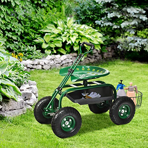 Rolling Garden Cart with Seat, Heavy Duty Gardening Scooter w/Wheels, Storage & Extendable Steering Handle, Garden Work Seat for Planting, Green