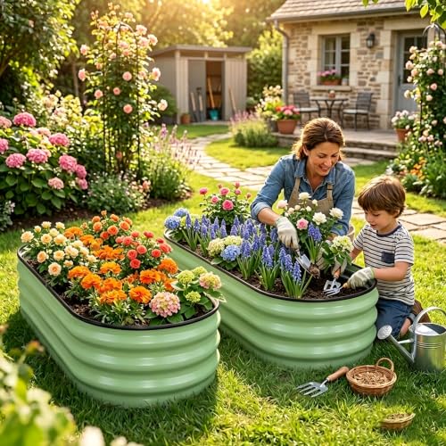 Galvanized Raised Garden Bed Outdoor 4x2x1 ft 2 Pack Oval Green - color: Green 2 Pcs, size: 4 x 2 x 1 ft