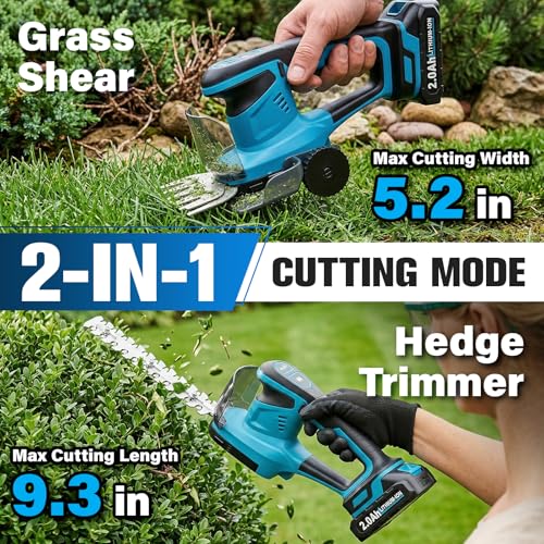 FULLYEA Hedge Trimmer Cordless, 2-in-1 Handheld Grass Shear Battery Powered