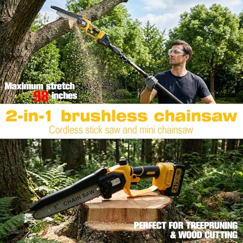 2-in-1 Cordless Pole Saw&Mini Chainsaw,6"&8" Electric Tree Trimmer Pole Saw - color: Yellow