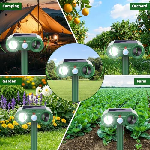 2026 Solar Ultrasonic Animal Repellent Outdoor 4 Pack Deer Squirrel Deterrent with Motion Sensor & Flashing Light, Sonic Racoon Fortress Pro Repeller to Keep Cat Rabbit Dog Out of Yard & Garden
