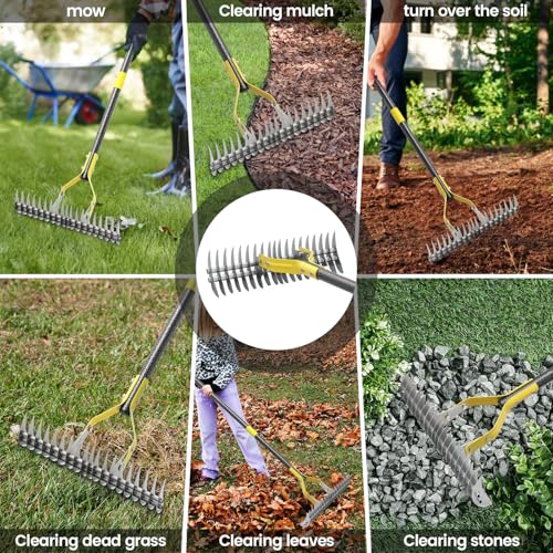 Thatch Rake, 70 inch Heavy Duty Dethatcher Rake Adjustable Dethatching for Loosening Soil Gathering for Leaves Leveling Lawn Farming Land Cleaning Dead Grass Yard Garden