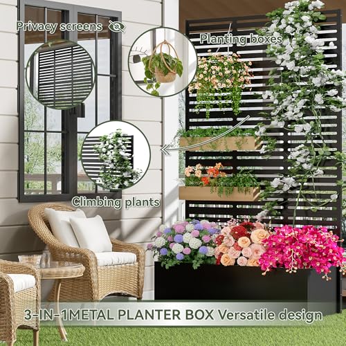 COFaR 71"Tall Metal Planter Box with Trellis,Outdoor Privacy Planter Screen - color: Slatted_black